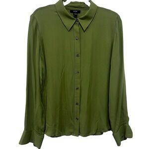 NEW Alfani Moss Green Long Sleeve Button Up Silk Blouse Size 14 Open Work Ladder